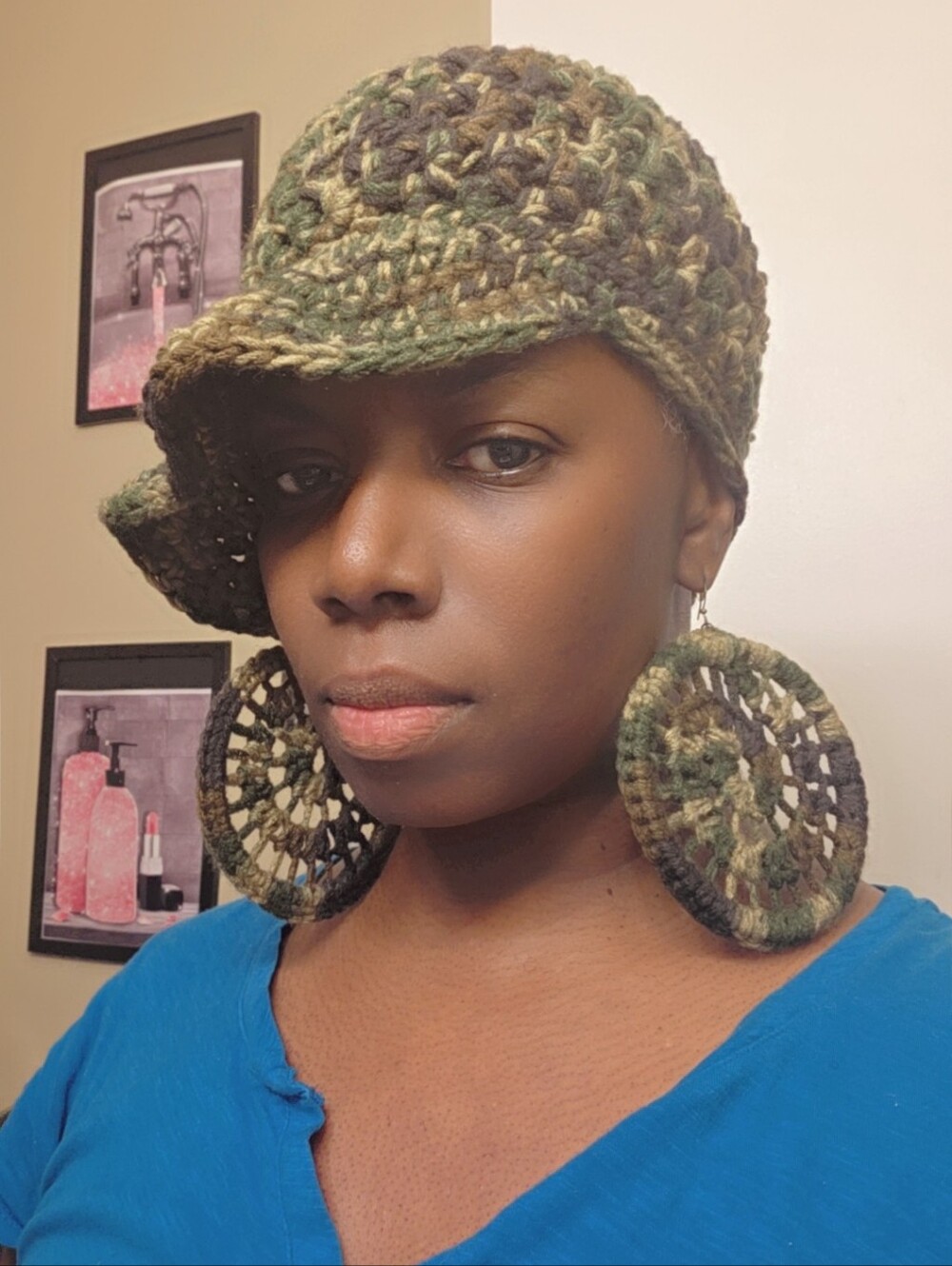 Handmade Olive Green Crocheted Newsboy Cap and Hoop Earrings Set... Camouflage